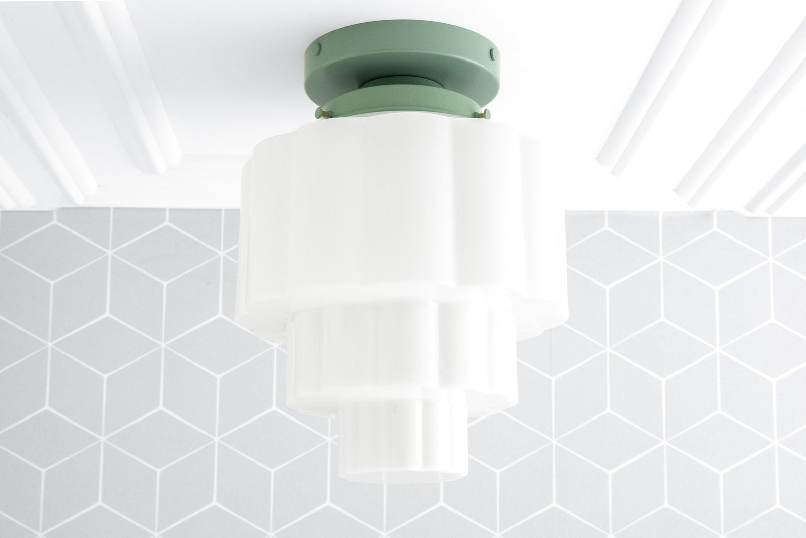 Art Deco flush mount ceiling light with frosted stepped glass globe and green metal base. - CEILING LIGHT MODEL NO. 3602