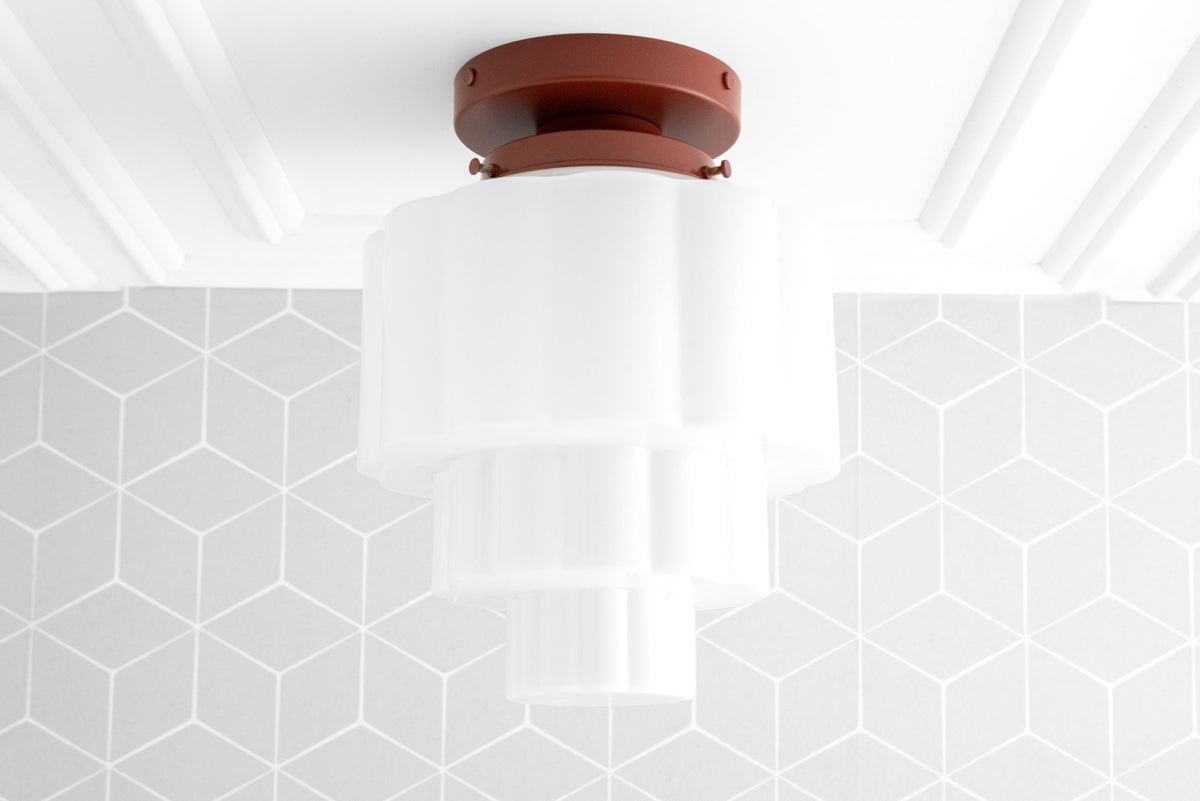 Flush mount ceiling light with mauve Art Deco multi-tiered glass globe shade. - CEILING LIGHT MODEL NO. 3602