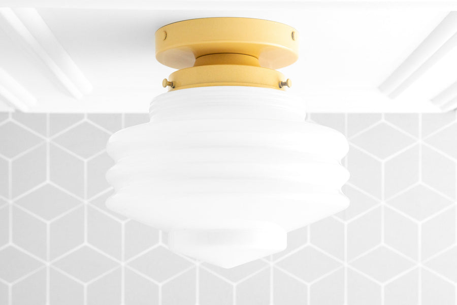 Flush mount ceiling light with layered white globe shade and yellow base in Art Deco style. - CEILING LIGHT MODEL NO. 2169