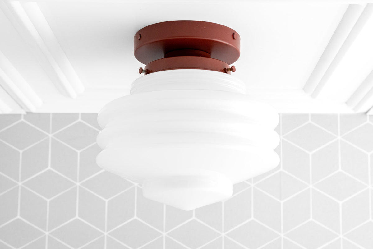 Art Deco flush mount ceiling light with stepped white frosted glass globe and brick red metal base. - CEILING LIGHT MODEL NO. 2169