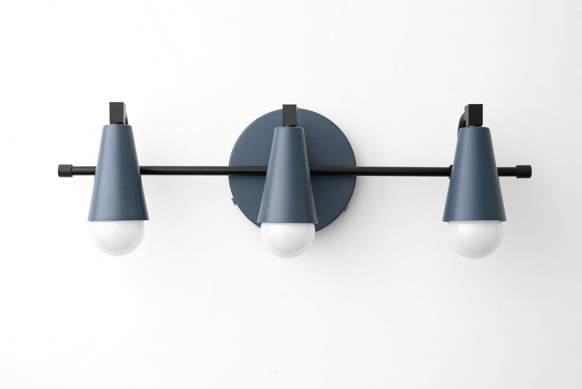 Mid-century modern 3-bulb vanity light with coal blue metal shades and black mounting bar. - VANITY LIGHT MODEL NO. 8084