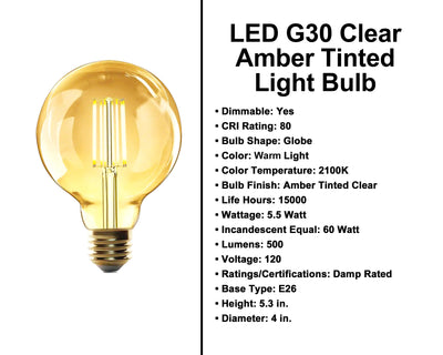 5.5 Watt - 500 Lumens - Clear Amber Tinted G30 Globe Light Bulb - 2100 Kelvin