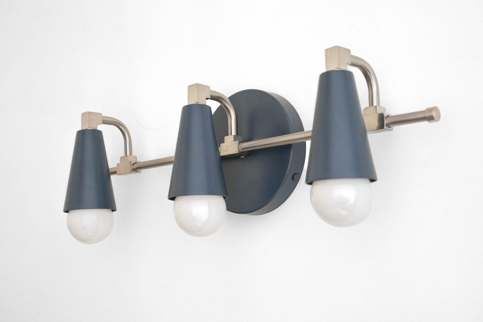 Mid-century modern 3-bulb vanity light with coal blue conical shades and brushed nickel accents. - VANITY LIGHT MODEL NO. 8084