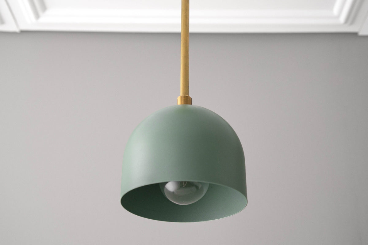 Matte green Scandinavian pendant light with raw brass rod and deep dome shade. - PENDANT MODEL NO. 8906