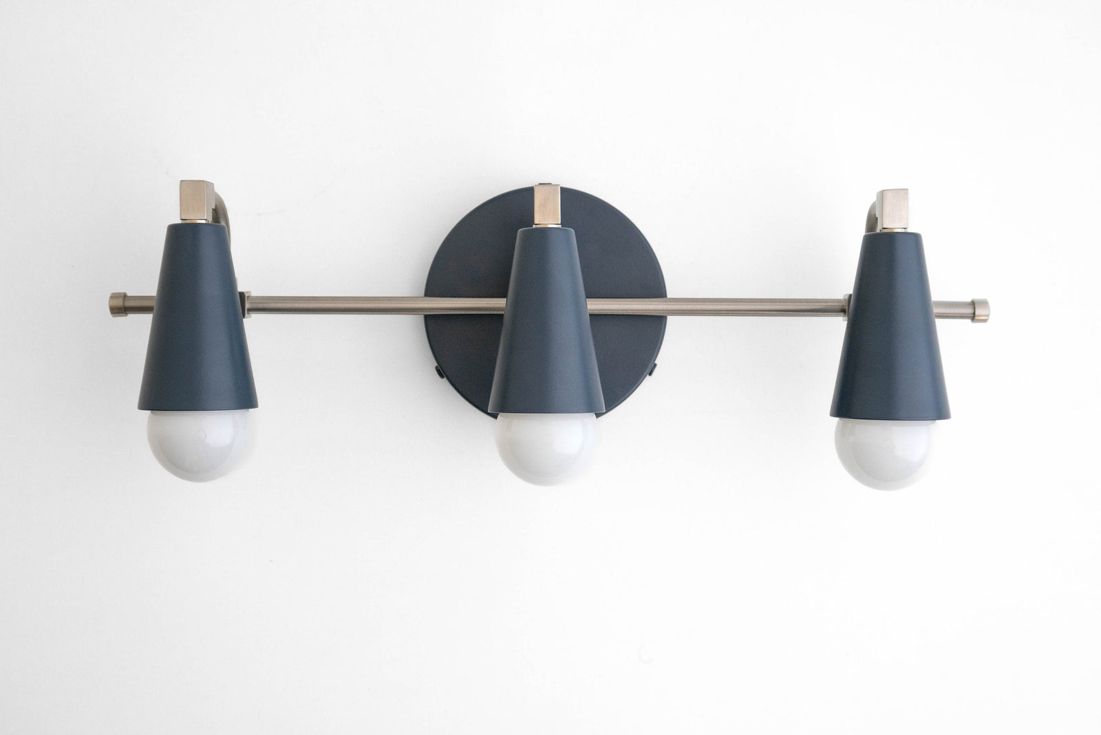 Mid-century modern three-bulb vanity light with brushed nickel finish and coal blue shades. - VANITY LIGHT MODEL NO. 8084