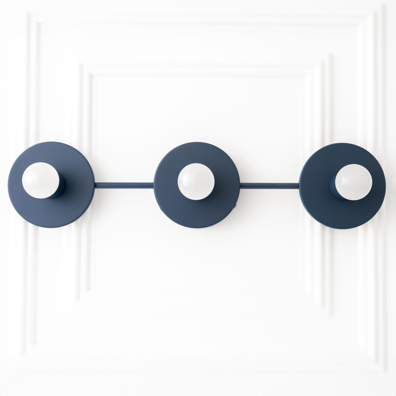 Coal blue three-bulb vanity light fixture with minimalist round metal shades and exposed bulbs. - VANITY LIGHT MODEL NO. 5708