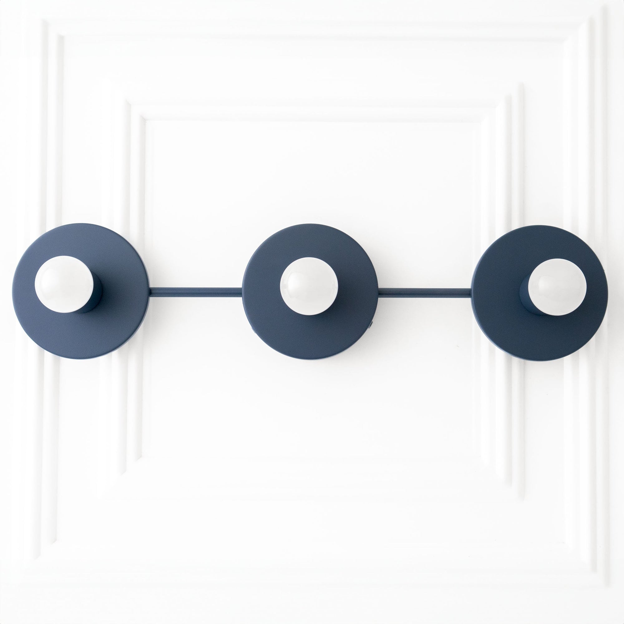 Coal blue three-bulb vanity light fixture with minimalist round metal shades and exposed bulbs. - VANITY LIGHT MODEL NO. 5708