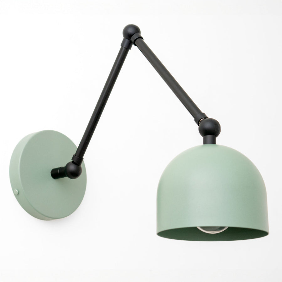 Matte black adjustable arm wall sconce with green dome shade and round wall mount. - SCONCE MODEL NO. 5998