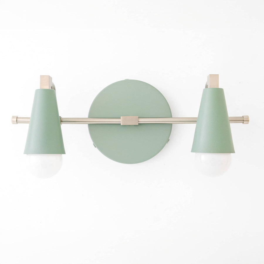 Brushed nickel vanity light with two green cone shades and exposed bulbs, Scandinavian style. - VANITY LIGHT MODEL NO. 1229