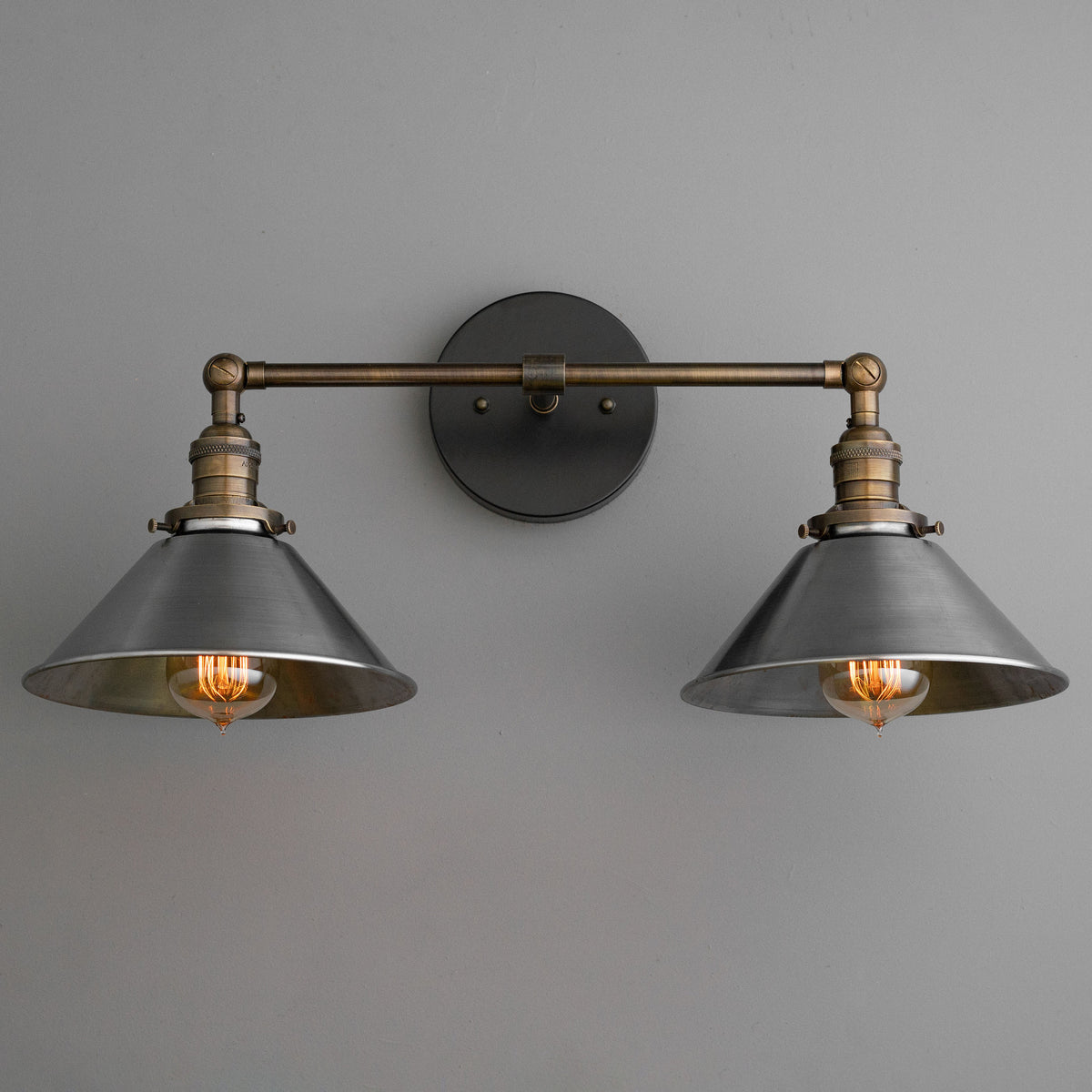 Two-light vintage industrial vanity light in matte black with exposed Edison bulbs and wide conical shades. - VANITY LIGHT MODEL NO. 0799