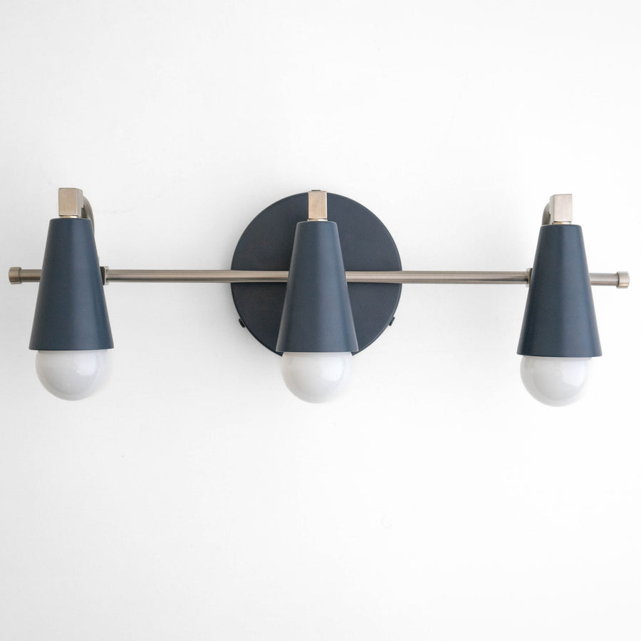 Mid-century modern 3-bulb brushed nickel vanity light with coal blue conical shades. - VANITY LIGHT MODEL NO. 8084