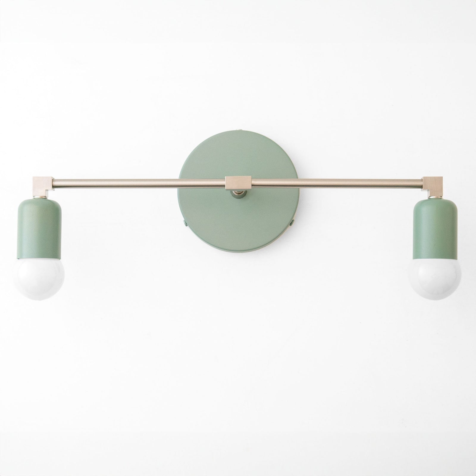 Mid-century modern 2-bulb vanity light in green and brushed nickel finish with bare bulbs. - VANITY LIGHT MODEL NO. 0026