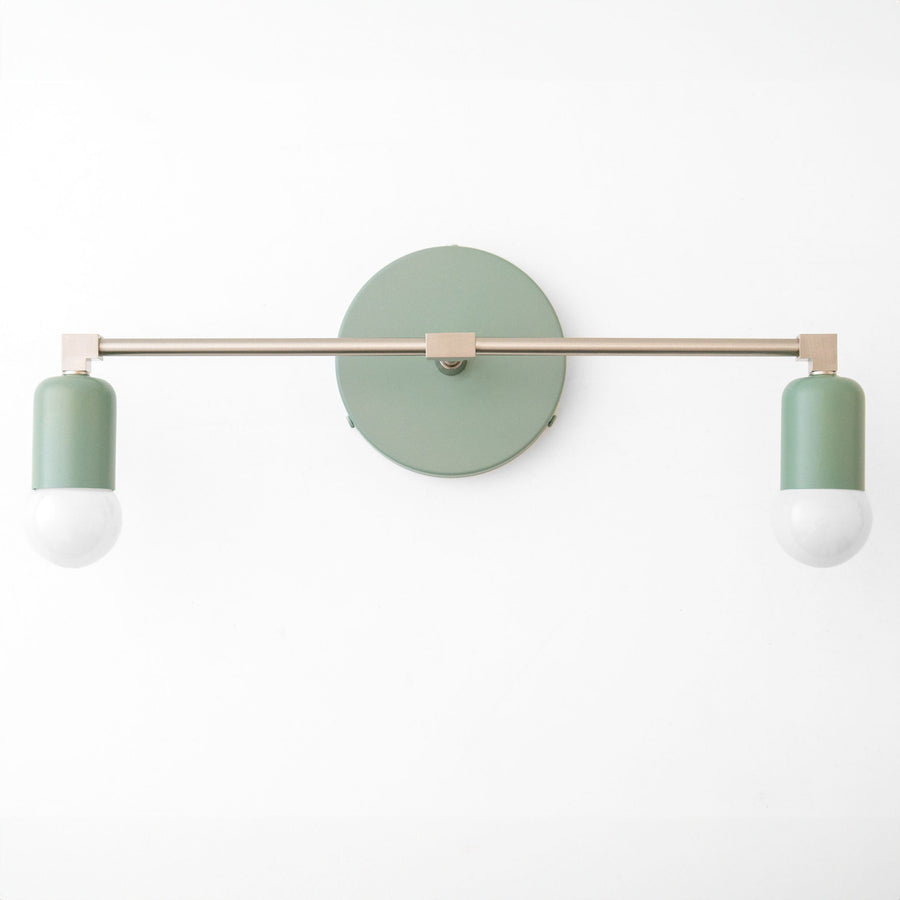 Mid-century modern 2-bulb vanity light in green and brushed nickel finish with bare bulbs. - VANITY LIGHT MODEL NO. 0026