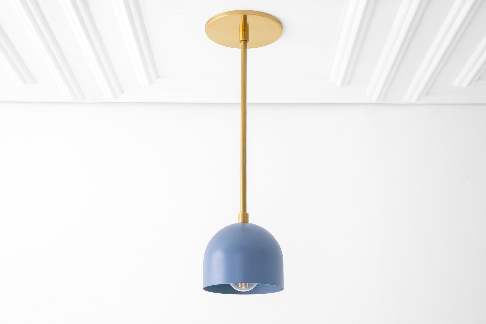 Scandinavian pendant light with deep blue shade and raw brass ceiling mount and cord. - PENDANT MODEL NO. 8906