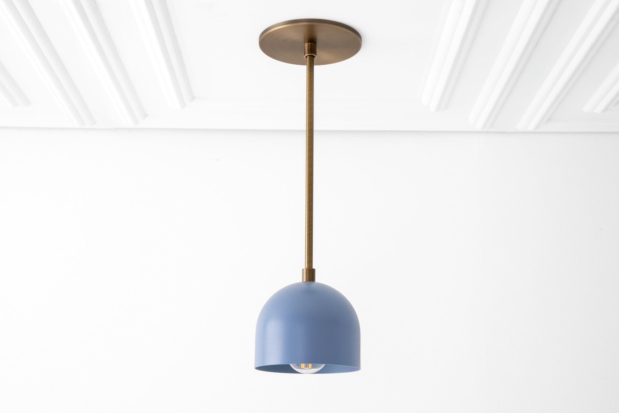 Antique brass pendant light with deep periwinkle blue shade and exposed bulb bottom. - PENDANT MODEL NO. 8906