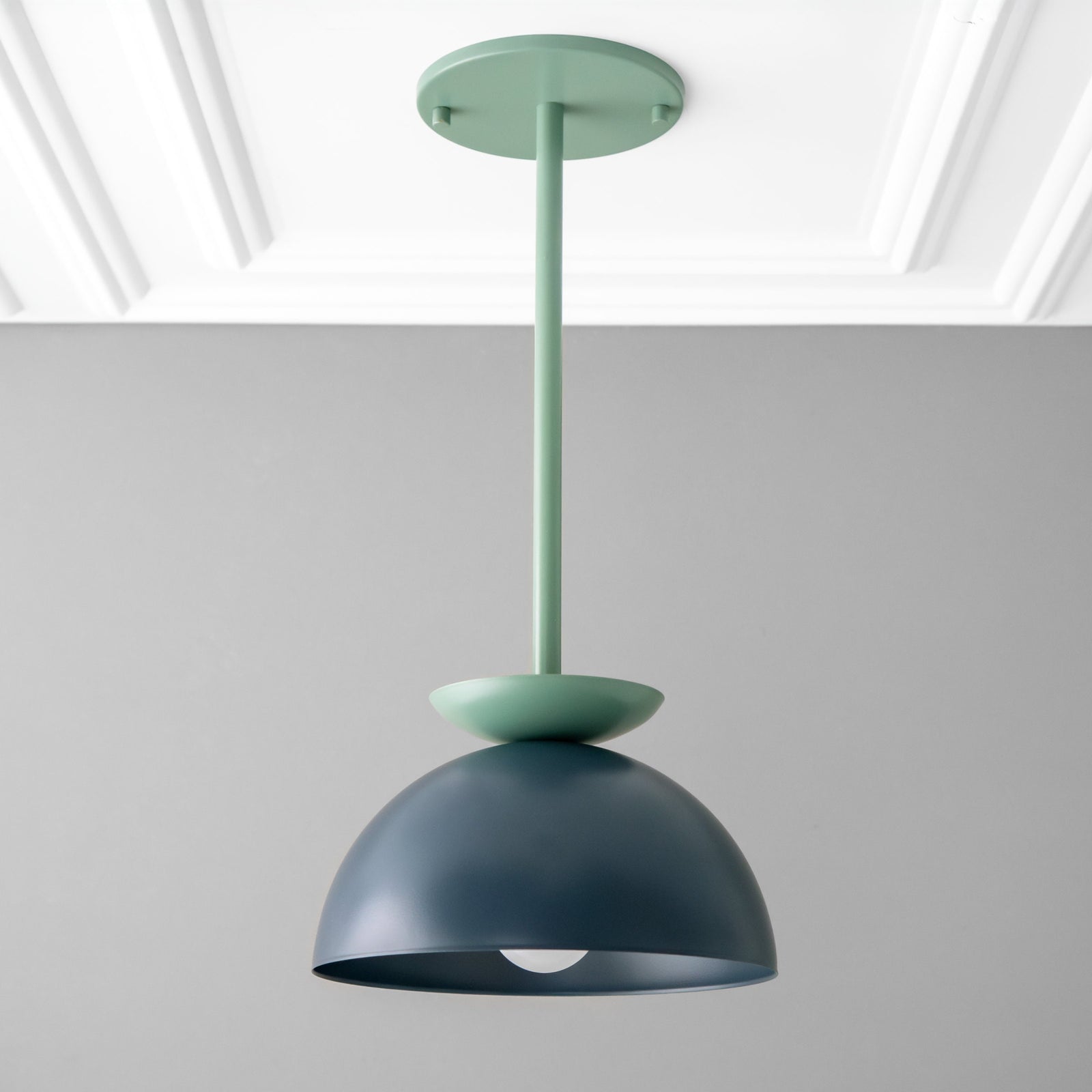 Green and coal blue Scandinavian dome pendant light with matte finish and exposed bulb. - PENDANT MODEL NO. 4975