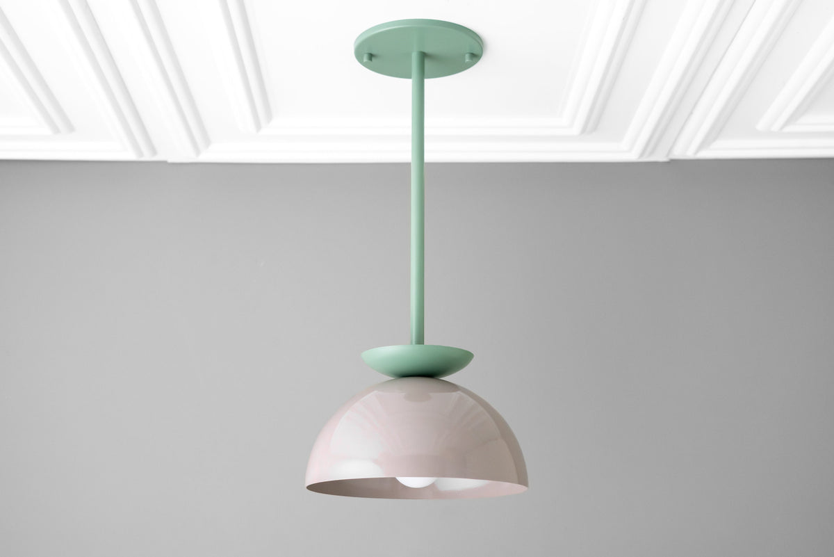 Scandinavian dome pendant light with mint green ceiling mount and soft pink shade. - PENDANT MODEL NO. 4975