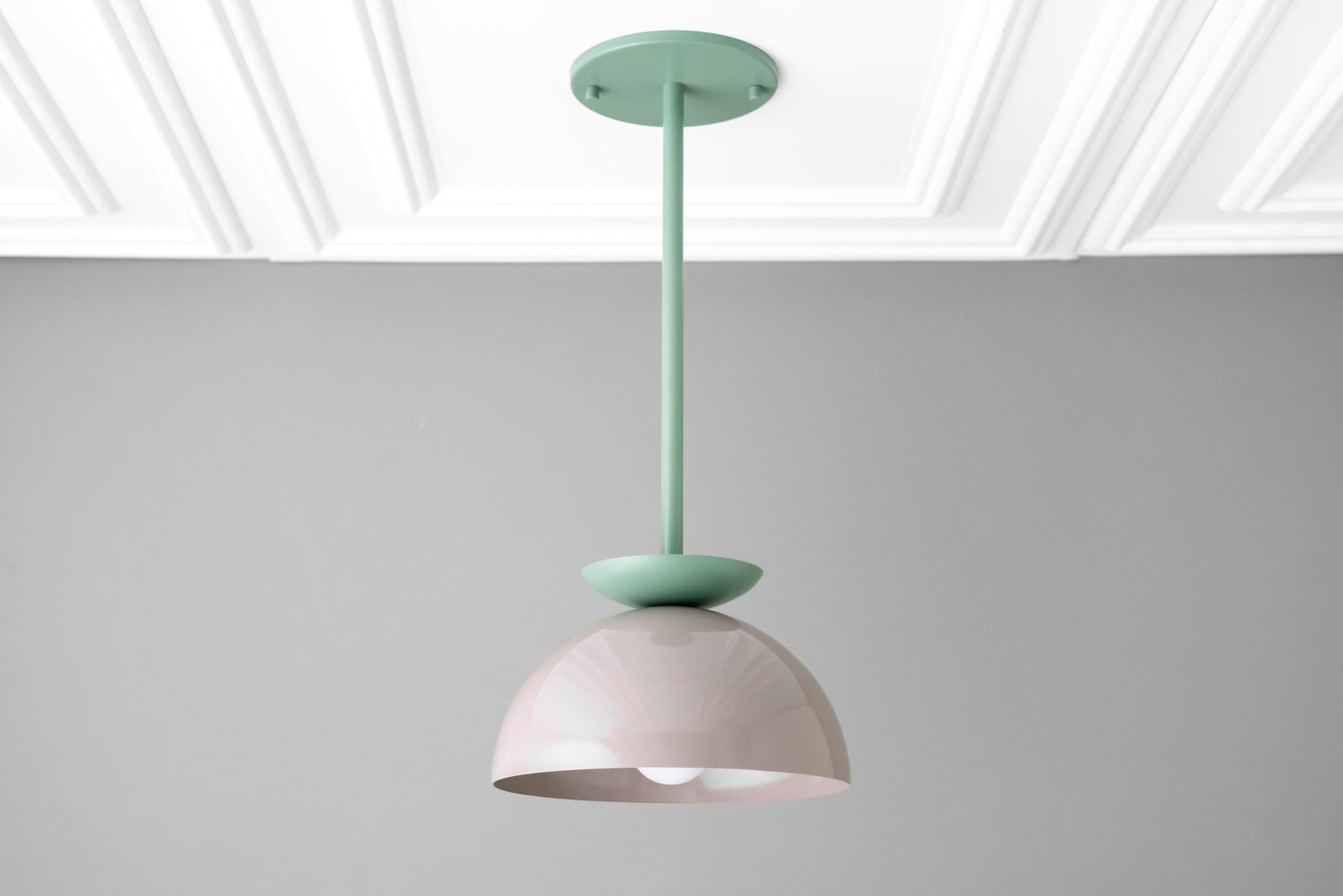 Scandinavian dome pendant light with mint green ceiling mount and soft pink shade. - PENDANT MODEL NO. 4975