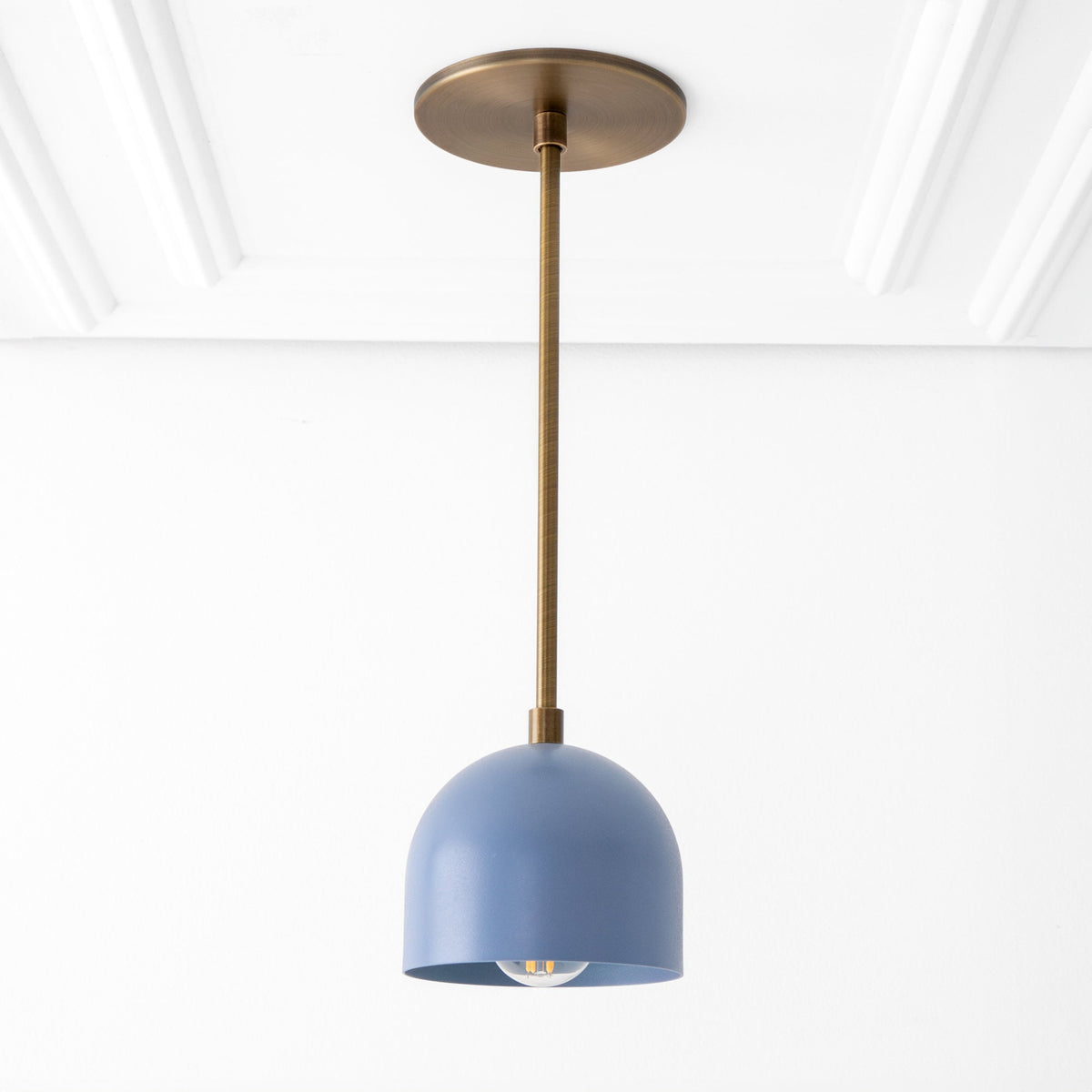 Antique brass pendant light with smooth periwinkle blue dome shade and exposed bulb. - PENDANT MODEL NO. 8906