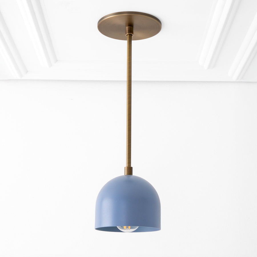 Antique brass pendant light with smooth periwinkle blue dome shade and exposed bulb. - PENDANT MODEL NO. 8906