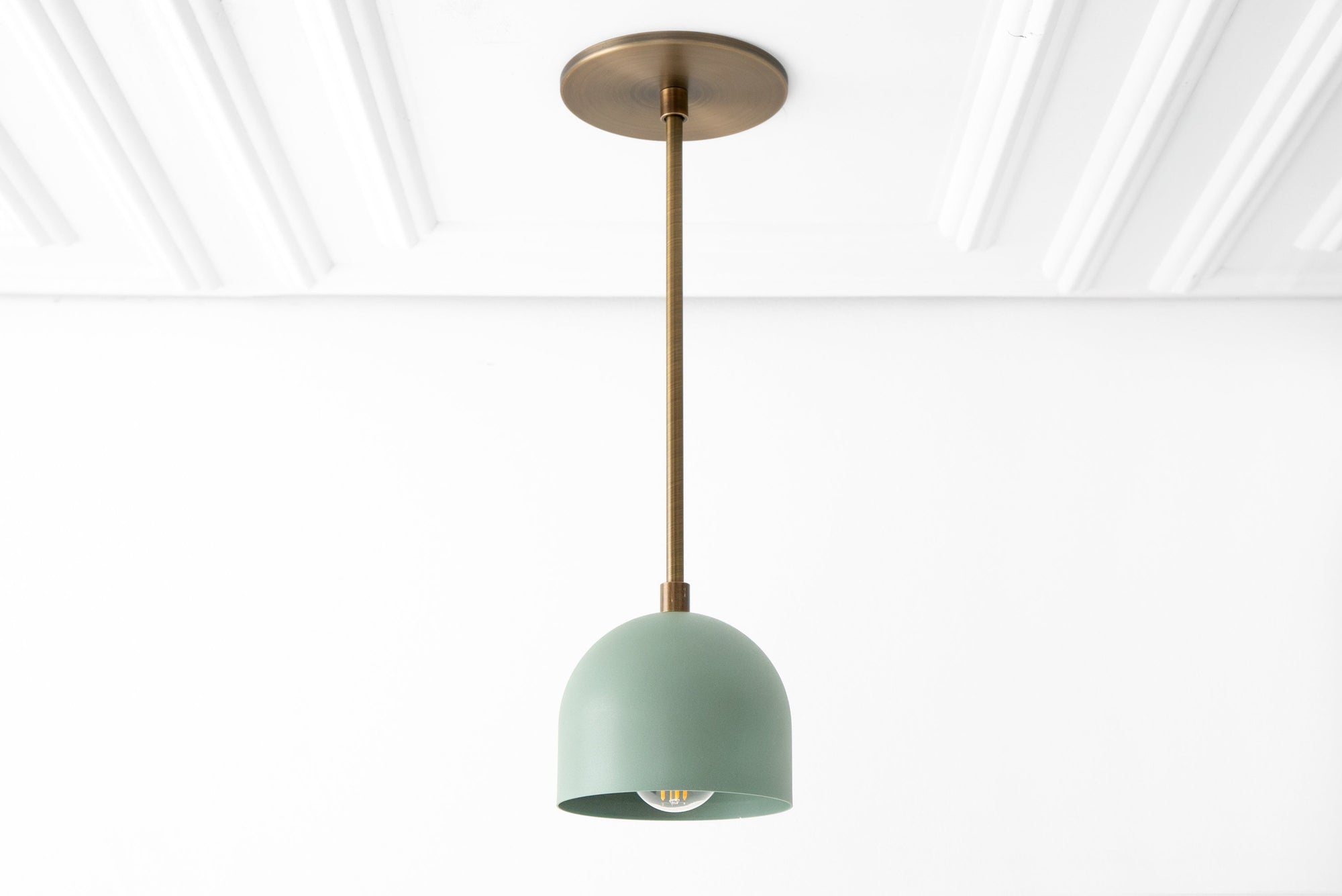 Antique brass pendant light with matte periwinkle rounded shade and adjustable rod. - PENDANT MODEL NO. 8906