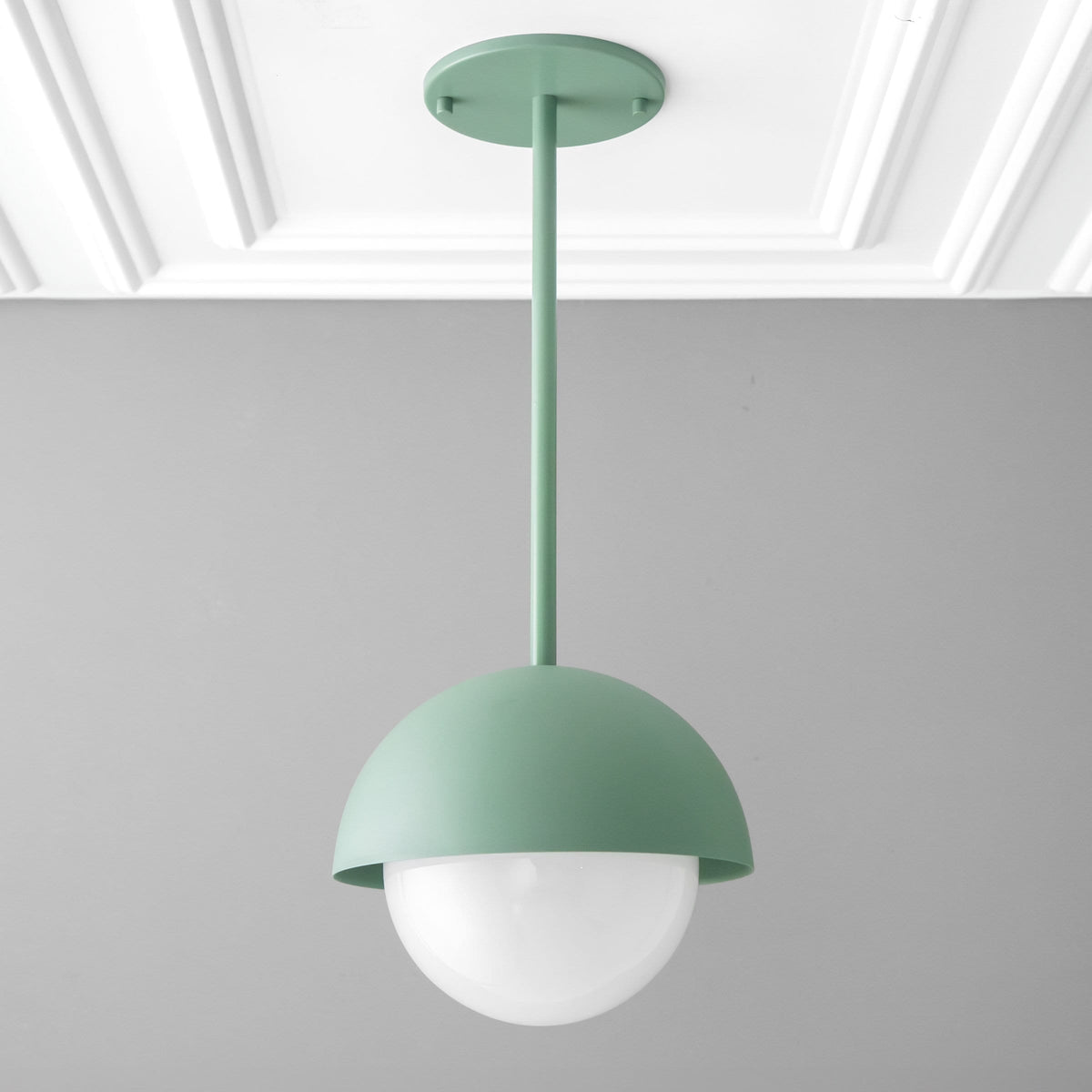 Green dome pendant light with white globe shade and minimalist Scandinavian design. - PENDANT MODEL NO. 6357