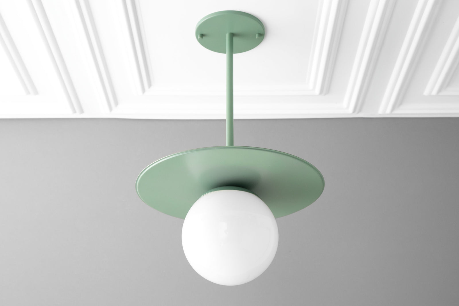 Scandinavian pendant light with matte green metal shade and white glass globe diffuser. - PENDANT MODEL NO. 8548