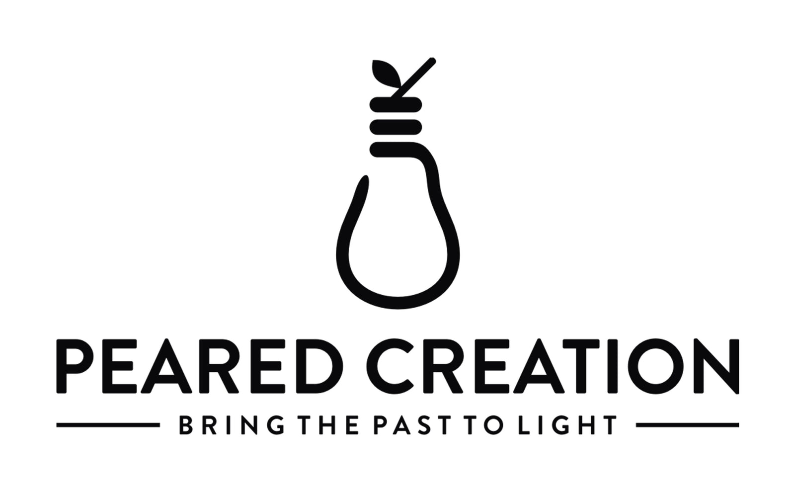 Minimalist black line drawing of a stylized lightbulb with "Peared Creation" and tagline beneath on white background. - PENDANT MODEL NO. 9770