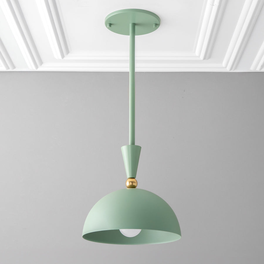 Matte green dome pendant light with brass accent and adjustable rod suspension. - PENDANT MODEL NO. 1386