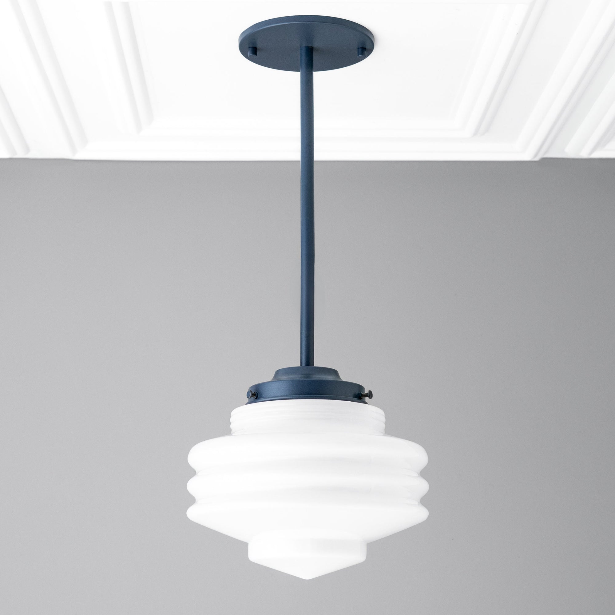 Art Deco coal blue pendant with tiered white globe shade and straight rod suspension. - PENDANT MODEL NO. 6388