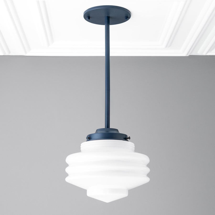 Art Deco coal blue pendant with tiered white globe shade and straight rod suspension. - PENDANT MODEL NO. 6388