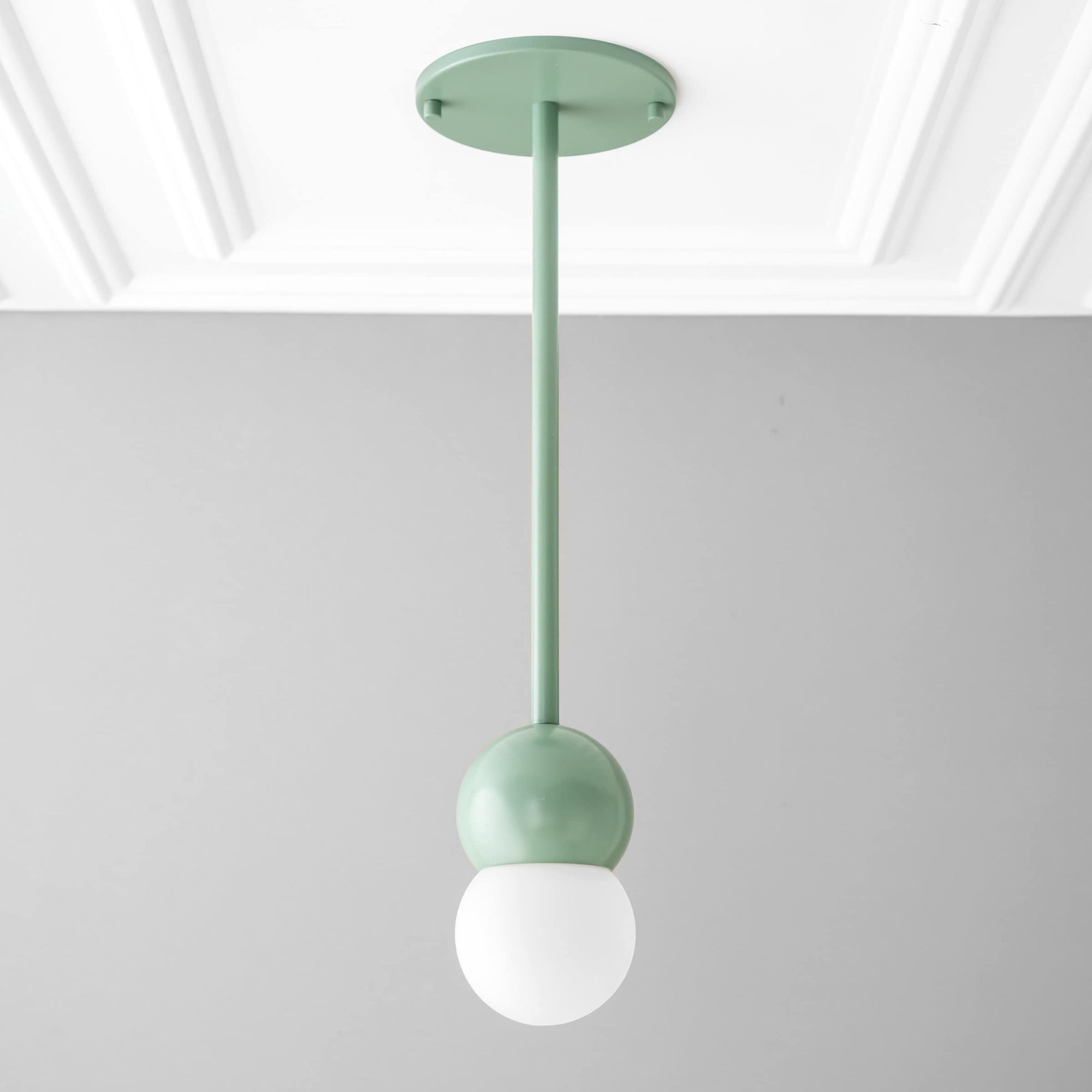 Scandinavian pendant light with green matte globe and white frosted glass orb shade. - PENDANT MODEL NO. 6129