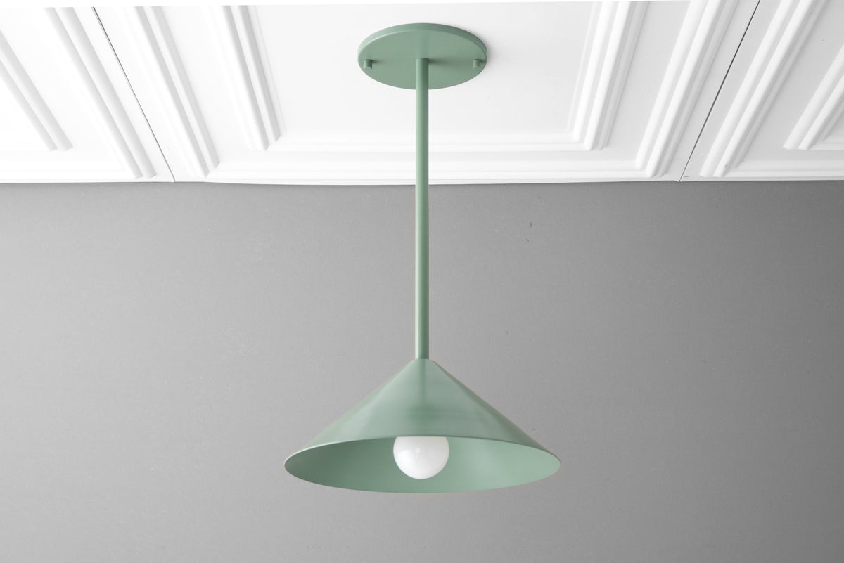 Scandinavian mid-century modern pendant light with matte green conical shade and white bulb. - PENDANT MODEL NO. 6757