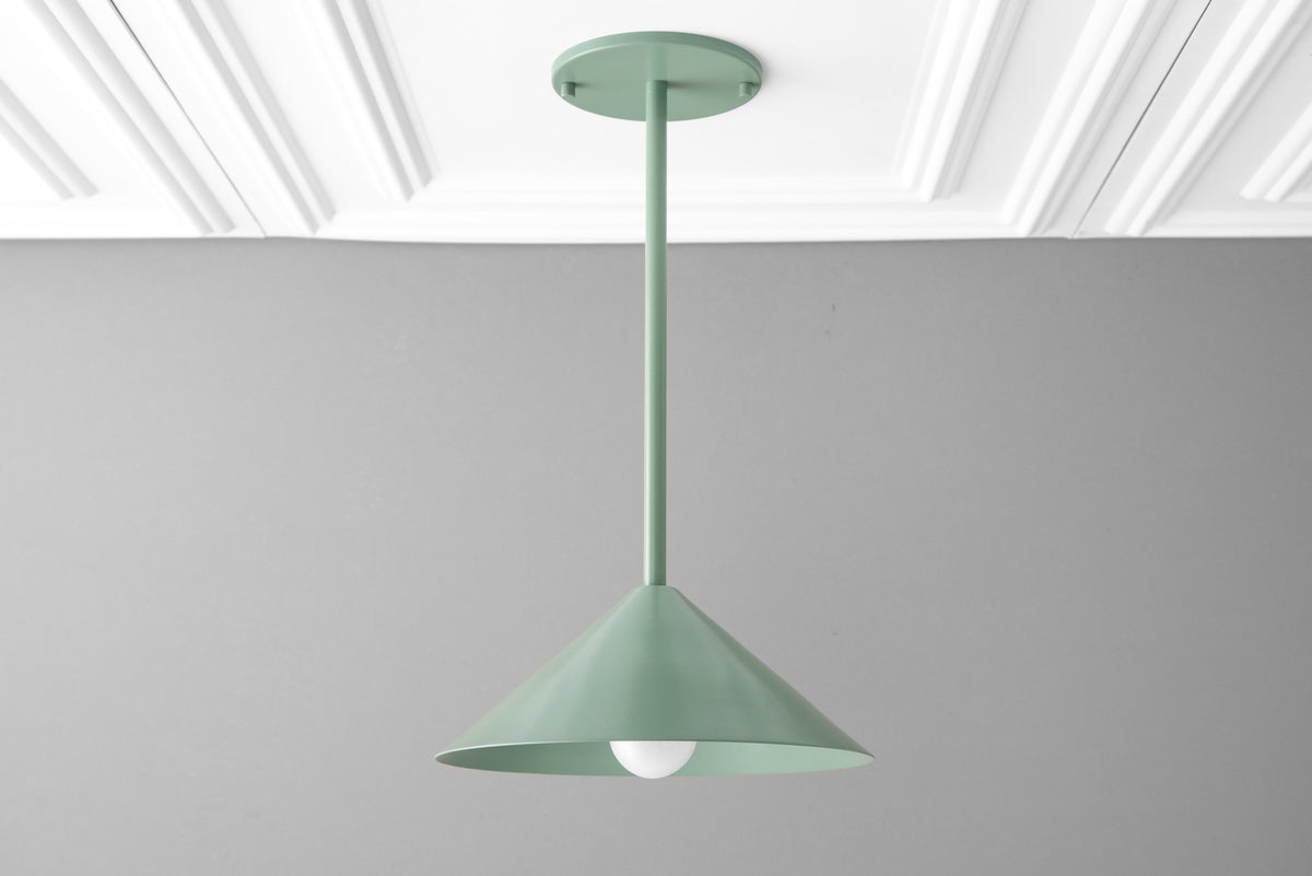 Scandinavian mid-century modern green pendant light with conical metal shade hanging from ceiling mount. - PENDANT MODEL NO. 6757