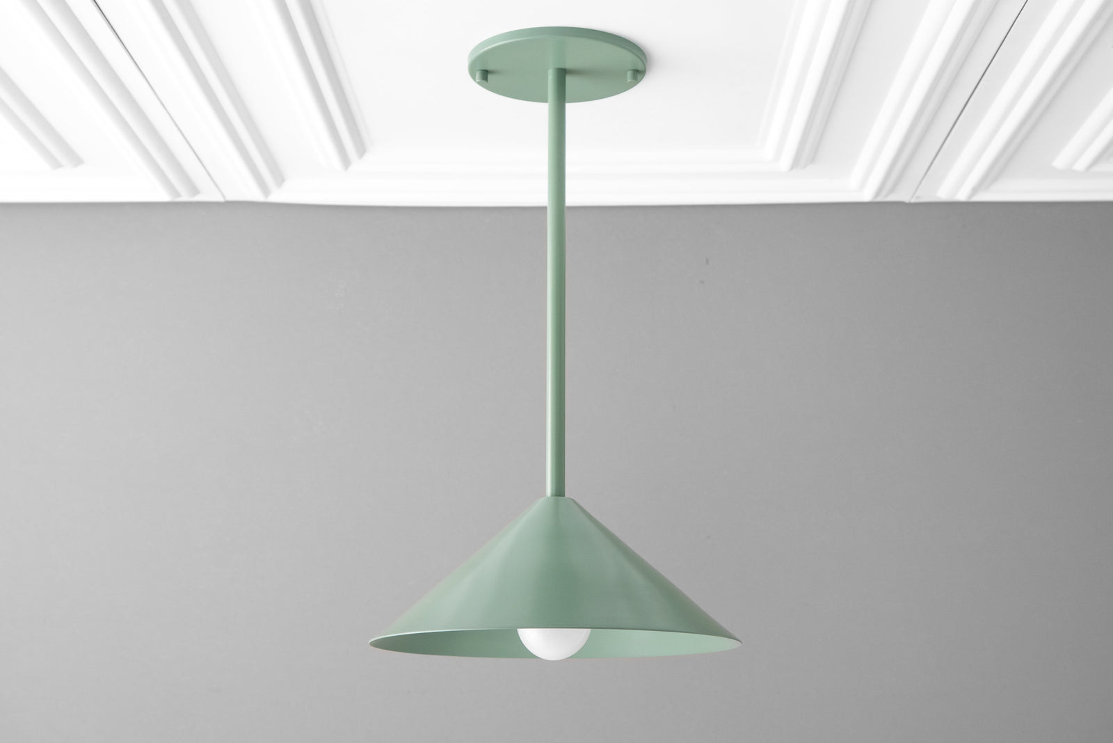 Scandinavian mid-century modern green pendant light with conical metal shade hanging from ceiling mount. - PENDANT MODEL NO. 6757