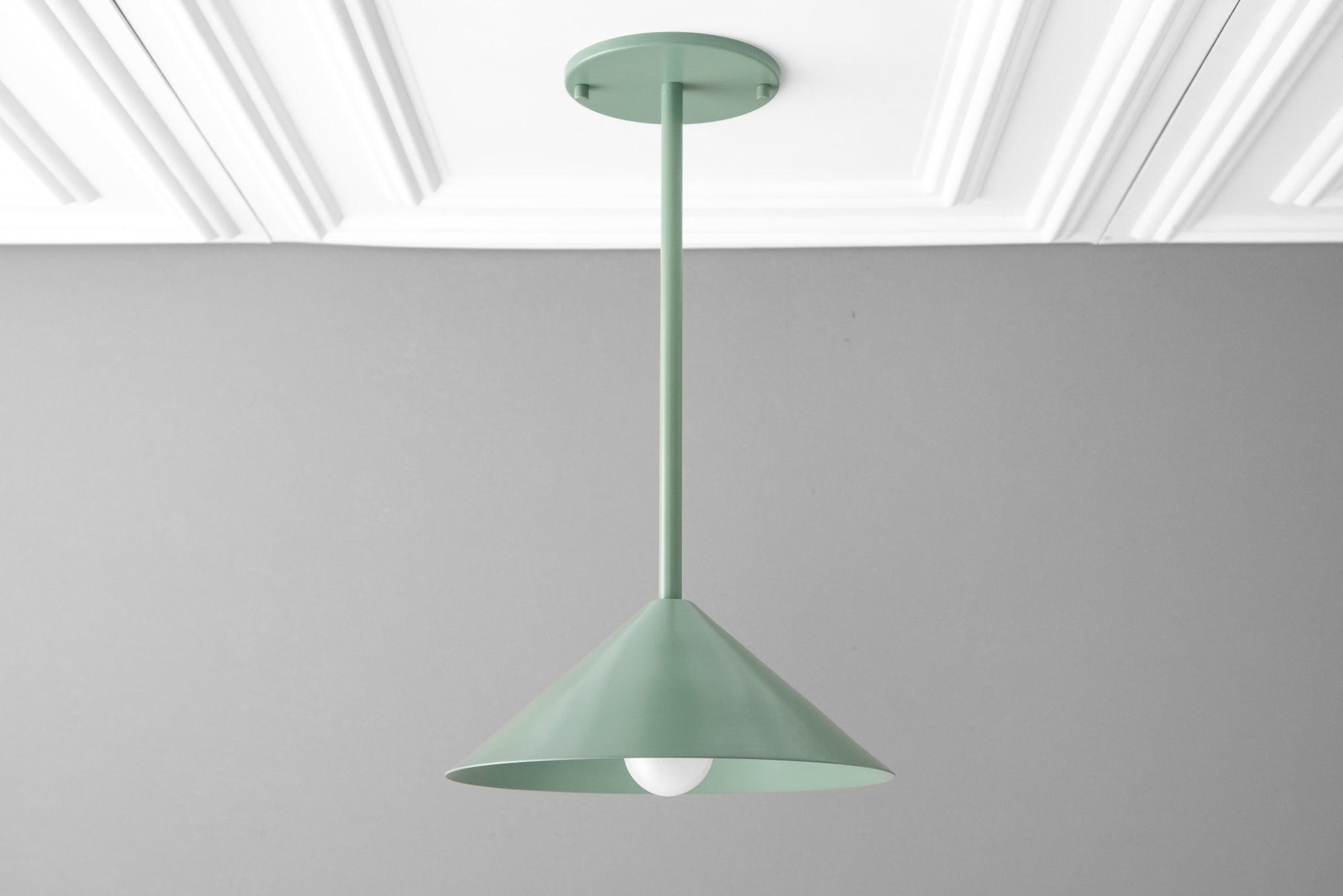 Scandinavian mid-century modern green pendant light with conical metal shade hanging from ceiling mount. - PENDANT MODEL NO. 6757