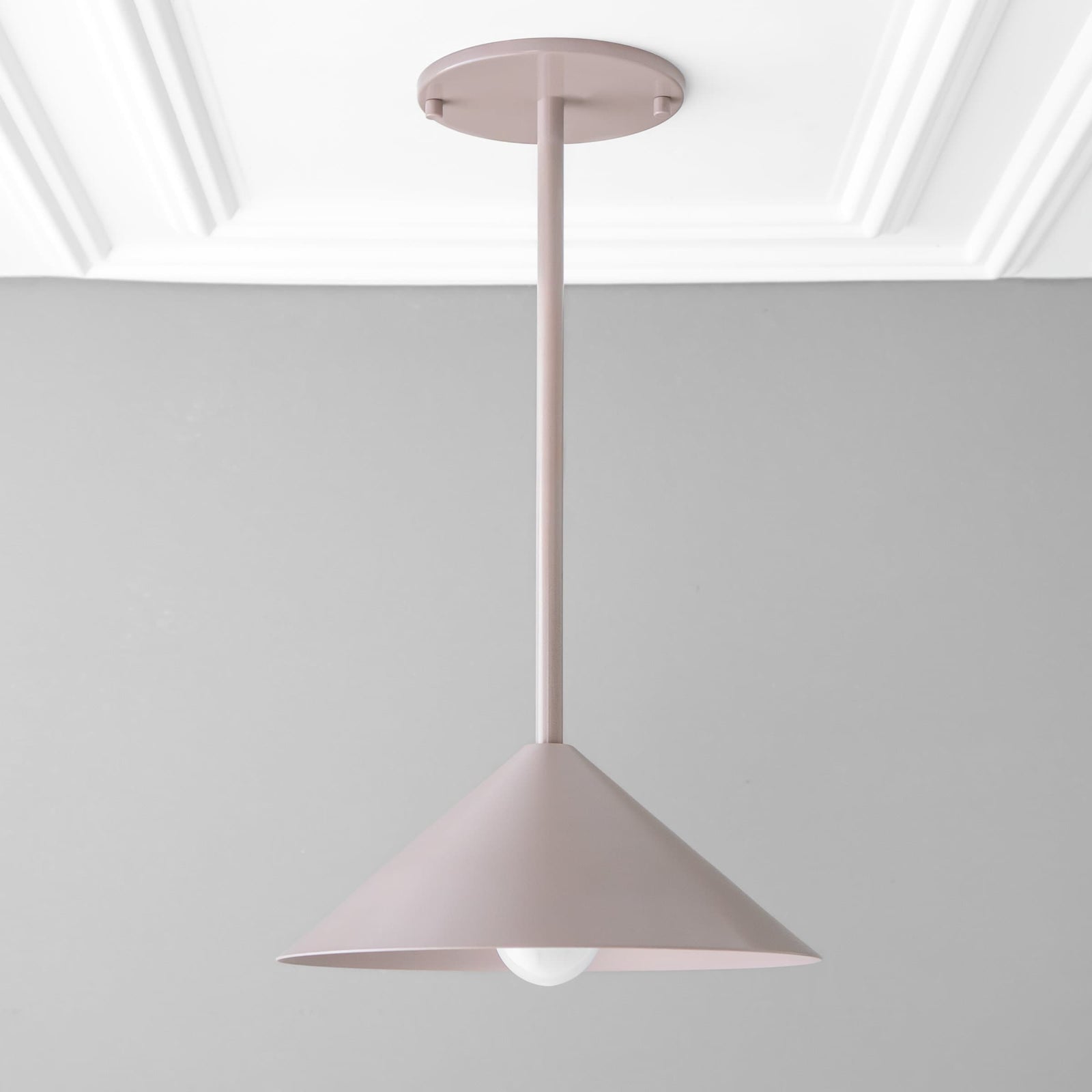 Mauve mid-century modern pendant light with conical metal shade and minimalist rod suspension. - PENDANT MODEL NO. 6757