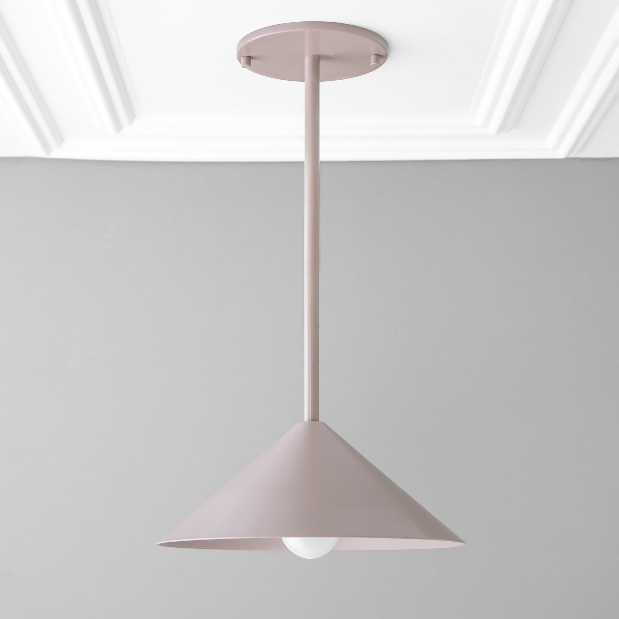 Mauve mid-century modern pendant light with conical metal shade and minimalist rod suspension. - PENDANT MODEL NO. 6757