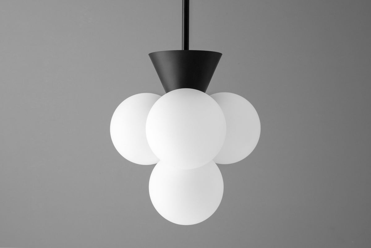 Modern chandelier with six frosted white glass globes and black metal fixture. - CHANDELIER MODEL NO. 9834