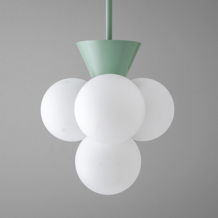 Green minimalist chandelier with five frosted white globe shades and conical top. - CHANDELIER MODEL NO. 9834