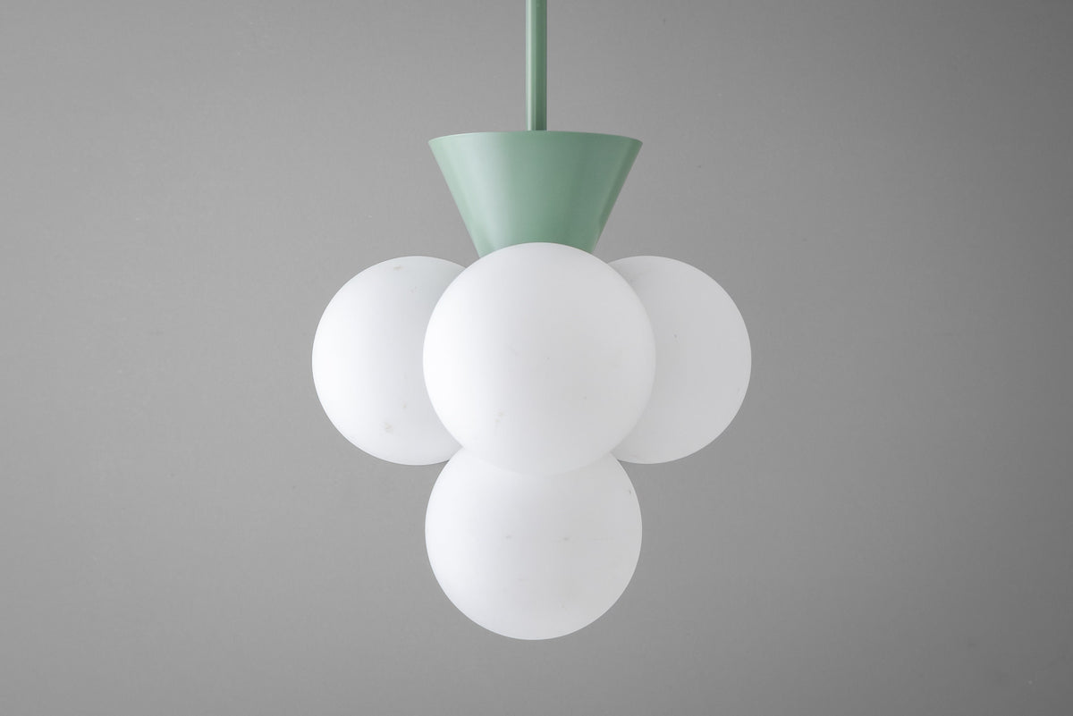 Minimalist chandelier with five white globe lights clustered around a green cone-shaped fixture. - CHANDELIER MODEL NO. 9834