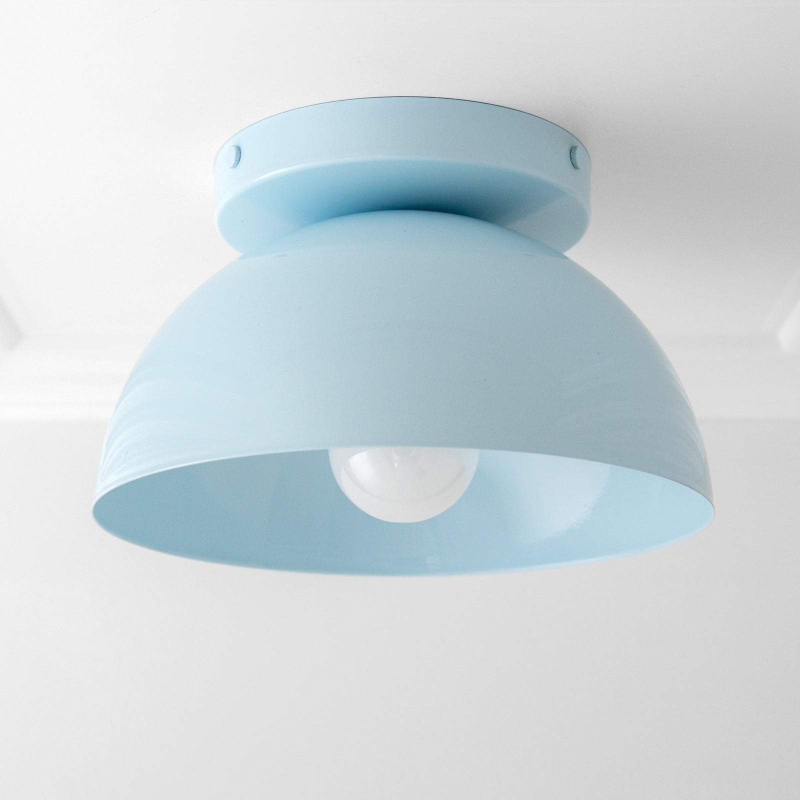 Matte light blue dome-shaped flush mount ceiling light with white bulb inside. - CEILING LIGHT MODEL NO. 9105