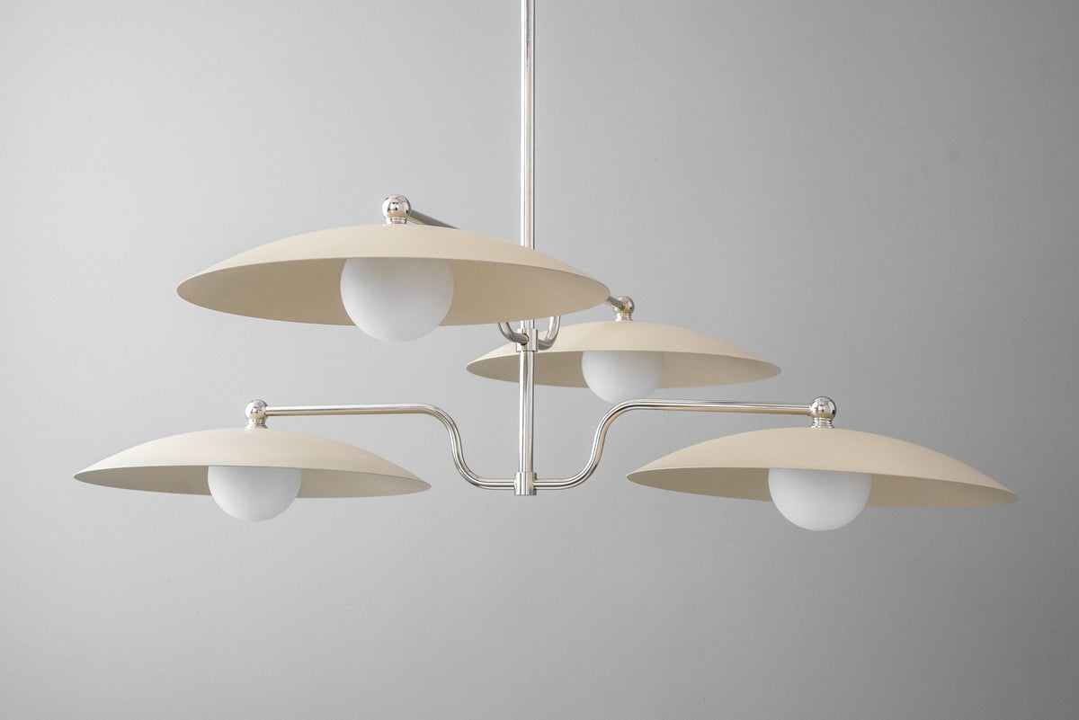 Mid-century modern chandelier with three beige disc shades and white globe bulbs on polished nickel arms. - CHANDELIER MODEL NO. 1192