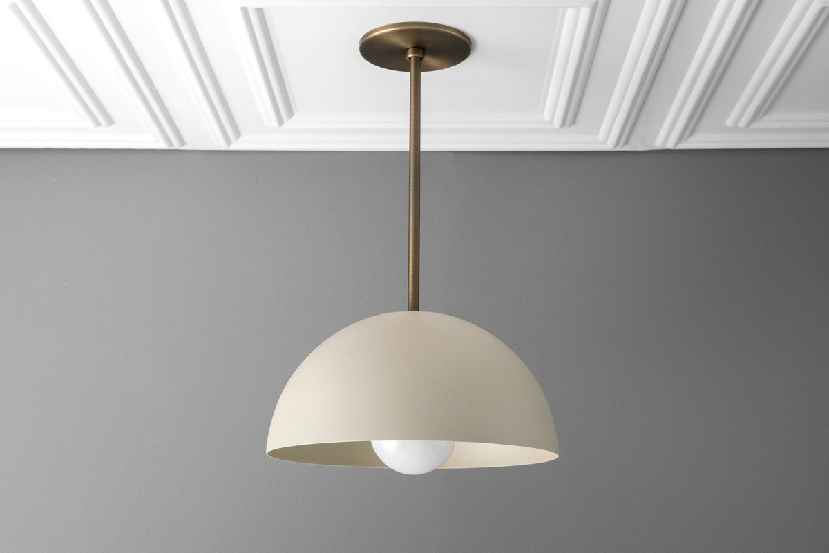 Matte white half-dome pendant light with antique brass rod and ceiling mount, industrial style. - PENDANT MODEL NO. 6673