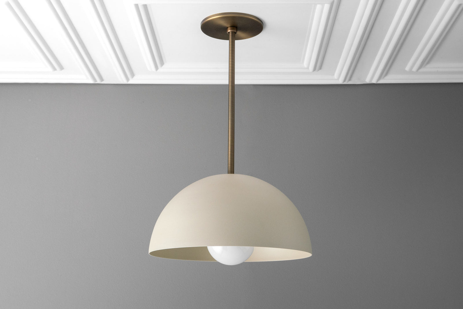 Matte white half-dome pendant light with antique brass rod and ceiling mount, industrial style. - PENDANT MODEL NO. 6673