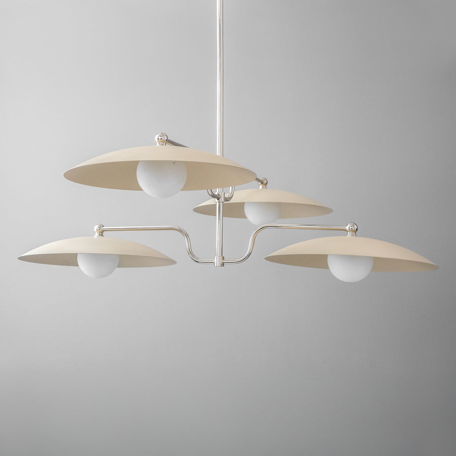 Mid-century modern chandelier with three cream-colored disc shades and polished nickel arms. - CHANDELIER MODEL NO. 1192