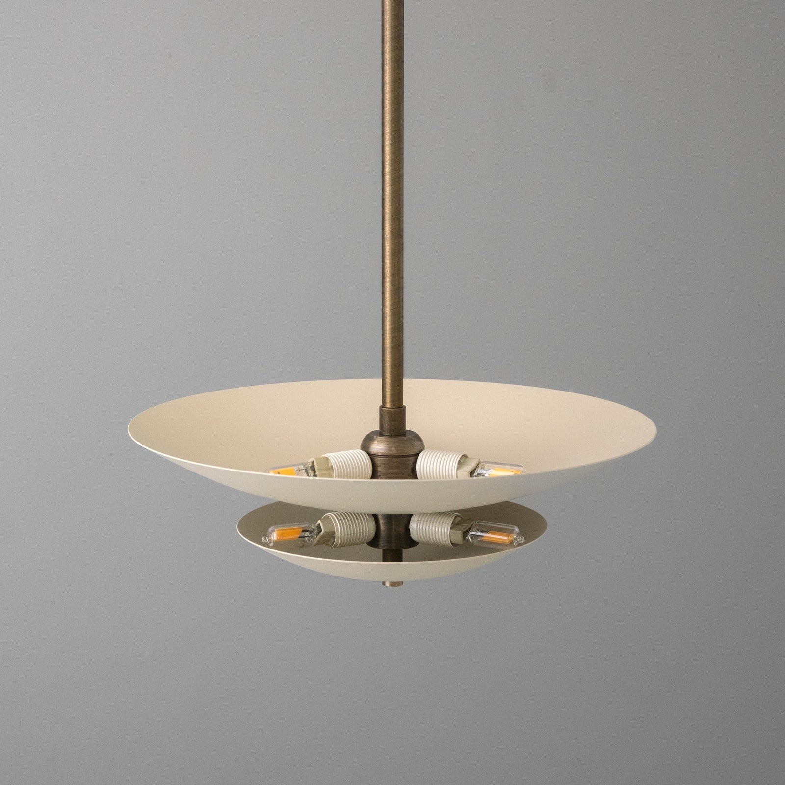 Mid-century modern chandelier with wide cream shade and antique brass metal fixture. - CHANDELIER MODEL NO. 3434