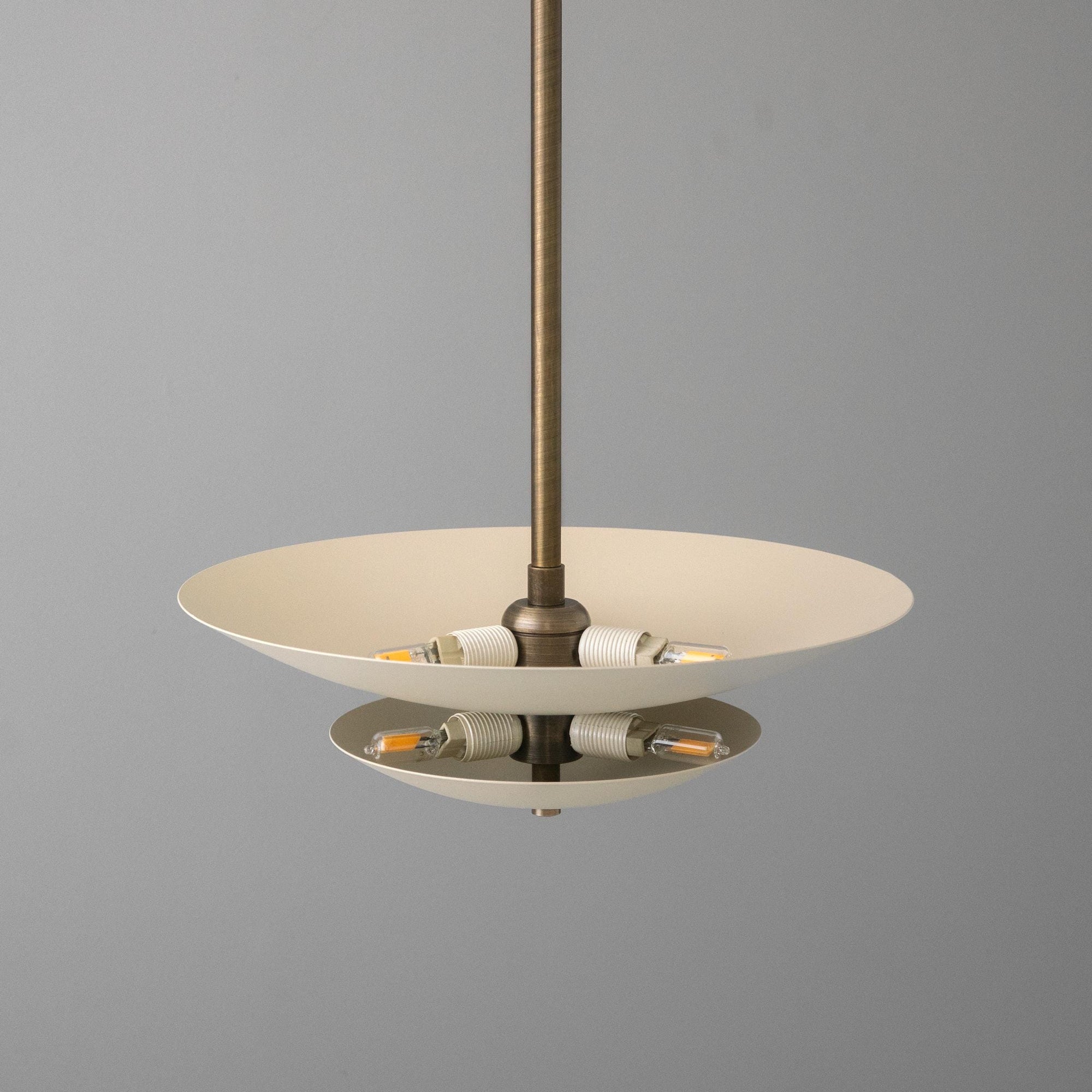 Mid-century modern chandelier with wide cream shade and antique brass metal fixture. - CHANDELIER MODEL NO. 3434