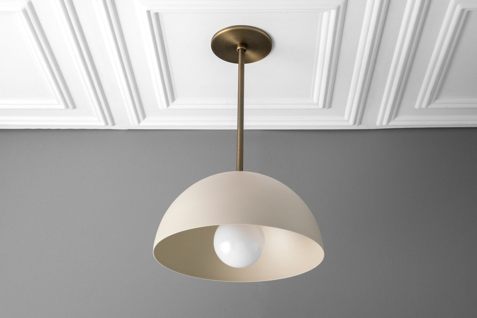 Matte cream industrial dome pendant light with antique brass rod and ceiling mount. - PENDANT MODEL NO. 6673