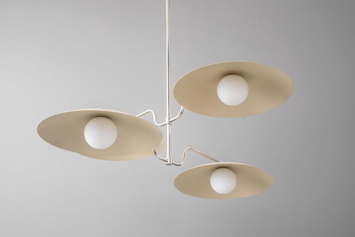 Mid-century modern chandelier with three matte brass disc-shaped shades and round white globes. - CHANDELIER MODEL NO. 1192